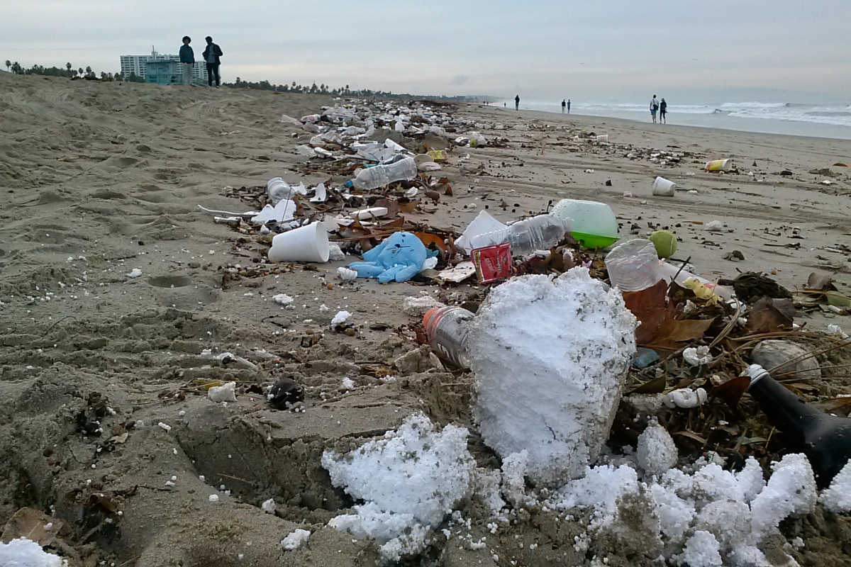 Trash on the beach after heavy rains in Los Angeles
