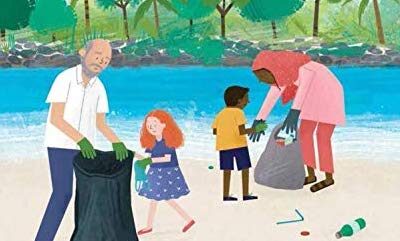 Illustration of people cleaning beach