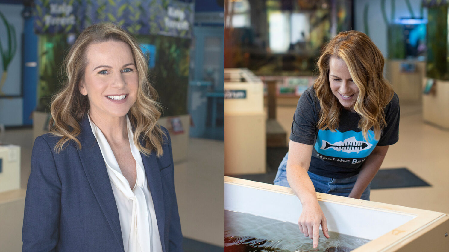 Tracy Quinn CEO of Heal the Bay poses for the camera and touches a shark at Heal the Bay Aquarium