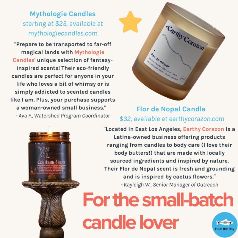 For the small-batch candle lover. For the small-batch candle lover Prepare to be transported to far-off magical lands with Mythologie Candles' unique selection of fantasy-inspired scents! Their eco-friendly candles are perfect for anyone in your life who loves a bit of whimsy or is simply addicted to scented candles like I am. Plus, your purchase supports a woman-owned small business. - Ava, Watershed Program Coordinator Mythologie Candles starting at $25, available at mythologiecandles.com Flor de Nopal Candle $32, available at earthycorazon.com Located in East Los Angeles, Earthy Corazon is a Latina-owned business offering products ranging from candles to body care (I love their body butters!) that are made with locally sourced ingredients and inspired by nature. Their Flor de Nopal scent is fresh and grounding and is inspired by cactus flowers. - Kayleigh, Senior Manager of Outreach