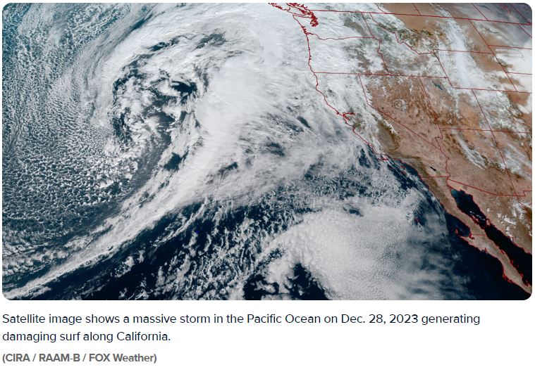 Satellite image shows a massive storm in the Pacific Ocean on December 28, 2023 generating damaging surf along California. Photo Credit: CIRA/ RAAM B/ Fox Weather.