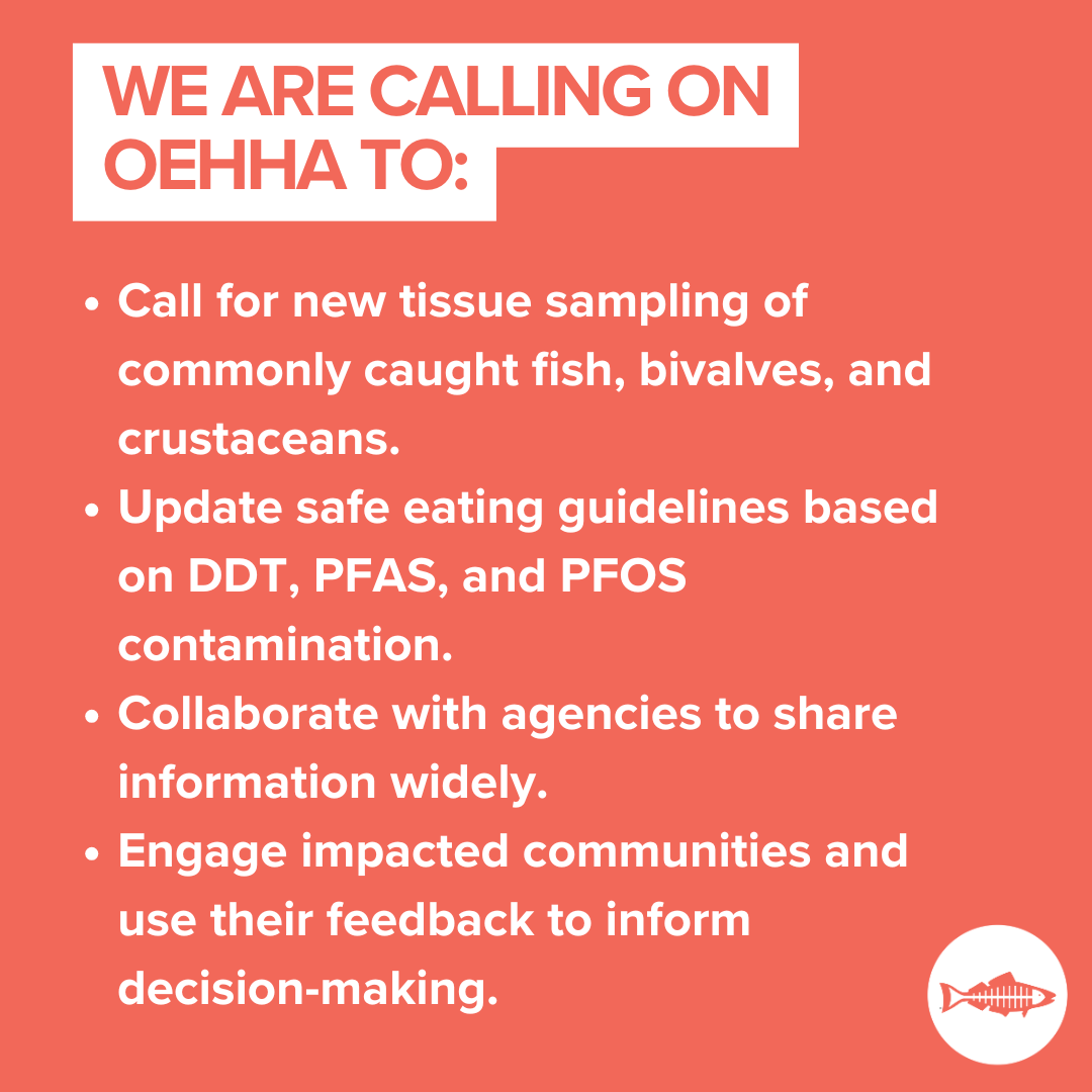 We are calling on OEHHA to: Call for new tissue sampling of commonly caught fish, bivalves, and crustaceans. Update safe eating guidelines based on DDT, PFAS, and PFOS contamination. Collaborate with agencies to share information widely. Engage impacted communities and use their feedback to inform decision-making.